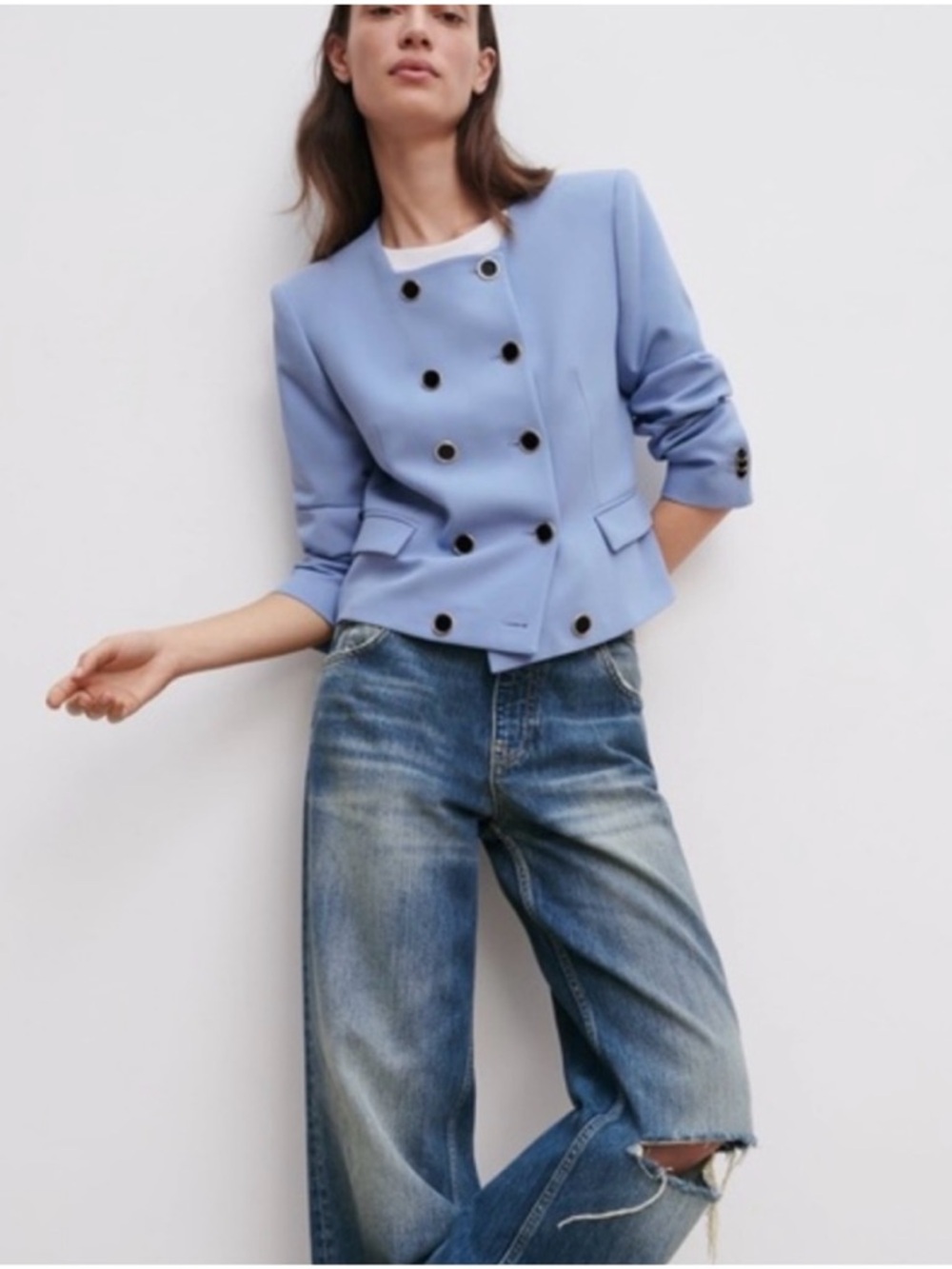 Zara Powder Blue Double-Breasted Cropped Blazer